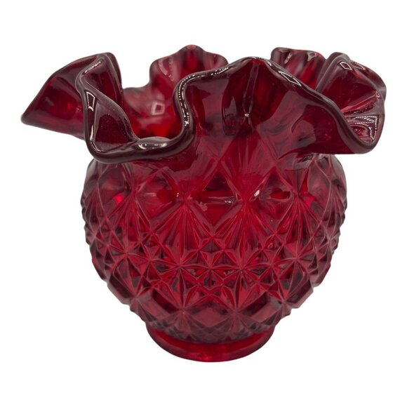 Fenton Art Glass Diamond Star Pattern Ruby Red Amberina Bowl Vase Ruffled Edge - Picture 2 of 12